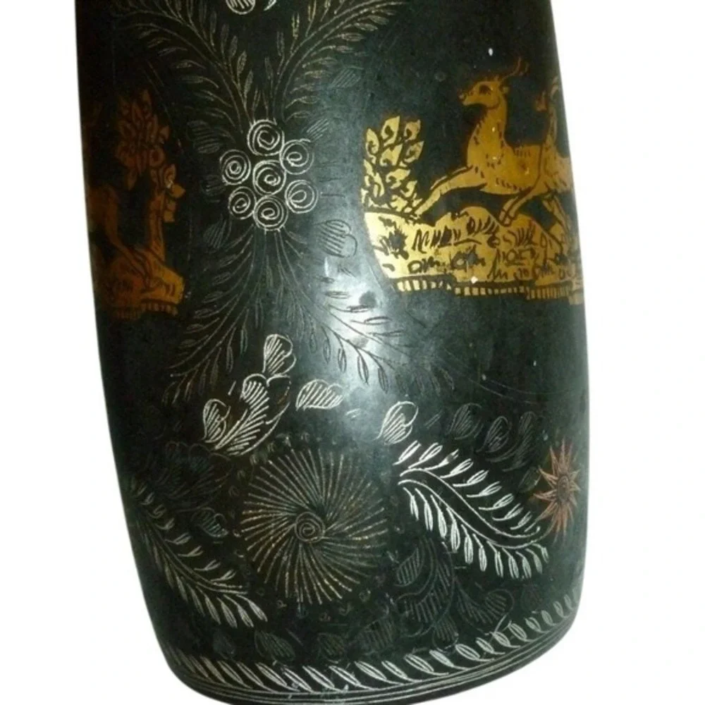 Vintage Hand Painted Lacquered Wood Cylinder Vase‎ - MCM Deer Sunburst Design